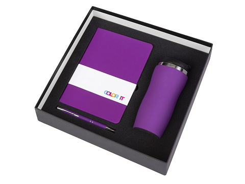 Подарочный набор с блокнотом С2, металлической ручкой и термокружкой, фиолетовый - рис 2.