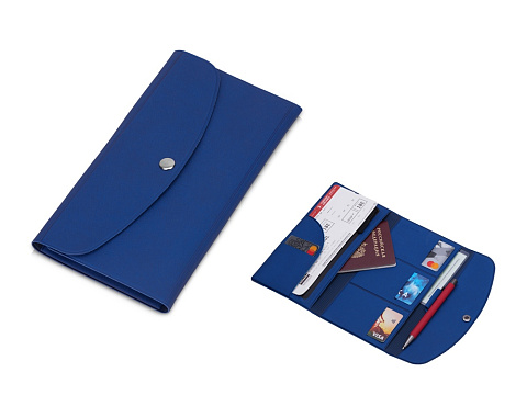 Органайзер для документов на кнопке с отделением для купюр и ручки, упаковка в индивидуальный пакет, синий/темно-синий