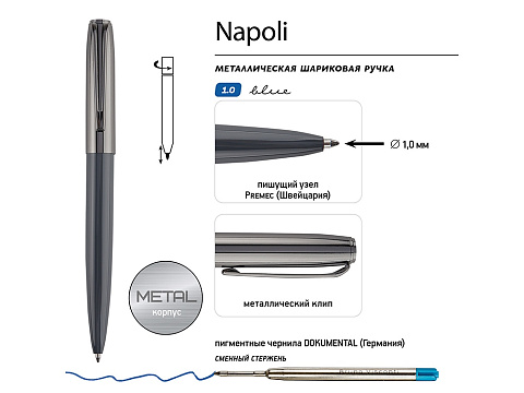 Ручка металлическая шариковая Napoli, серый/вороненая сталь - рис 3.