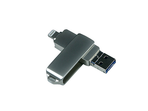 USB-флешка на 64 Гб, интерфейс USB3.0, поворотный механизм,c дополнительными разъемами для I-phone Lightning и Micro USB,  полностью металлический корпус, серебро