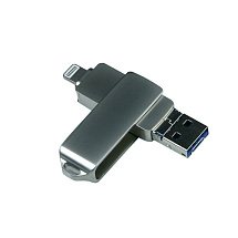 USB-флешка на 64 Гб, интерфейс USB3.0, поворотный механизм,c дополнительными разъемами для I-phone Lightning и Micro USB,  полностью металлический корпус, серебро