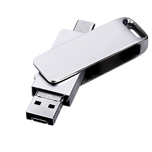 USB 3.0-флешка на 32 Гб поворотный механизм, c дополнительным разъемом Micro USB с одноцветным металлическим клипом