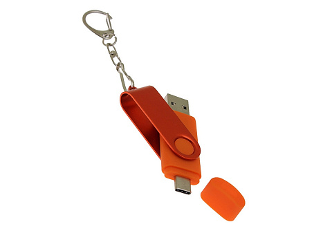USB-флешка на 16 Гб 2 в 1 поворотный механизм, c дополнительным разъемом Type-C с одноцветным металлическим клипом, оранжевый - рис 4.