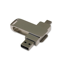 USB 2.0- флешка на 32 Гб поворотный механизм 2 в 1, c дополнительным разъемом Type-C с одноцветным металлическим клипом, серый