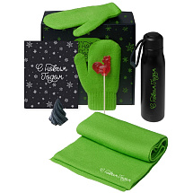 Подарочный набор с варежками, шарфом и термосом, зеленое яблоко