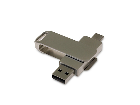 USB 3.0- флешка на 32 Гб поворотный механизм 2 в 1, c дополнительным разъемом Type-C с одноцветным металлическим клипом, серый