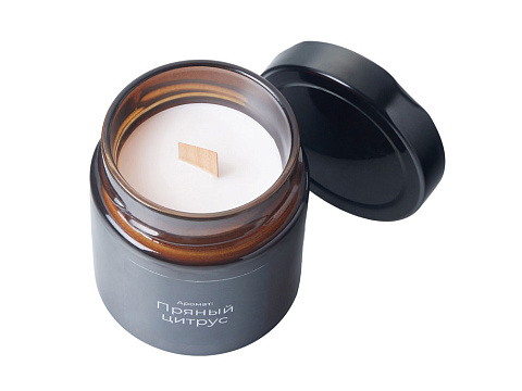 Свеча в стеклянной коричневой банке 200мл, аромат Пряный цирус, фитиль деревянный - рис 3.