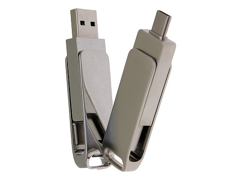 USB 2.0- флешка на 64 Гб поворотный механизм 2 в 1, c дополнительным разъемом Type-C с одноцветным металлическим клипом, серый - рис 5.